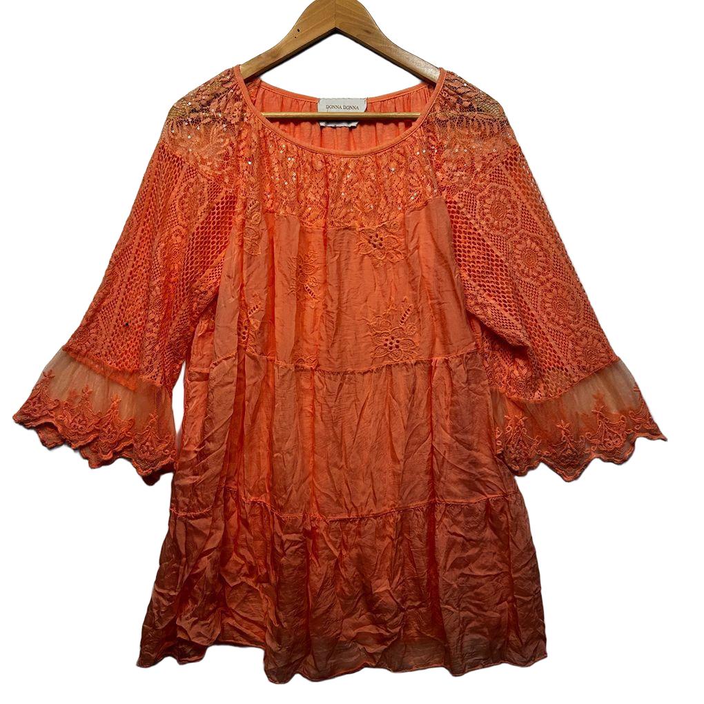 Donna Donna Italian Orange Lace Sequin Silk Tunic Top - One Size 14/16