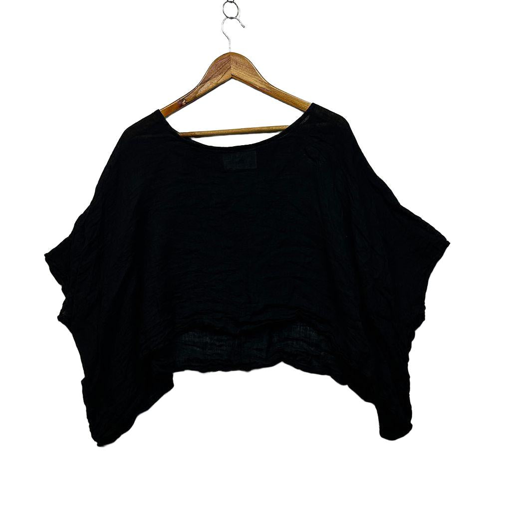 Donna Donna Made in Italy Black Linen Crop Top - One Size
