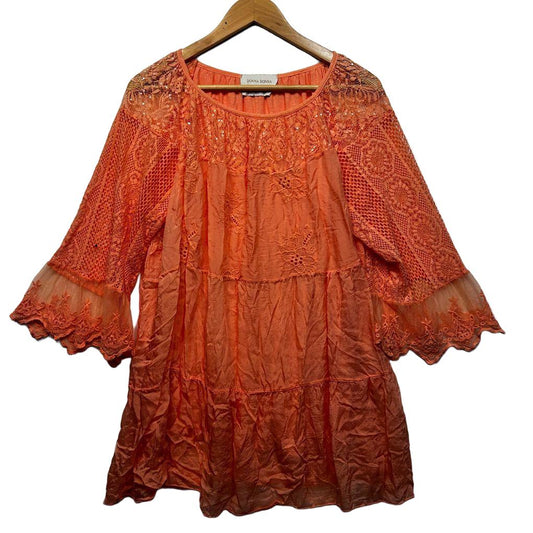 Donna Donna Orange Lace Sequin Silk Tunic Top - One Size 14/16