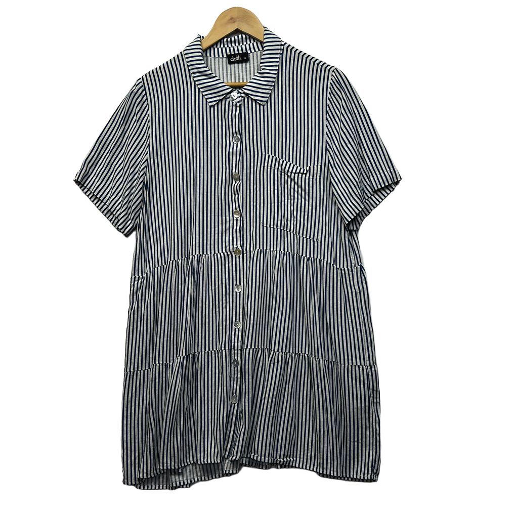Dotti Blue Linen Striped Shirt Dress - Size 16