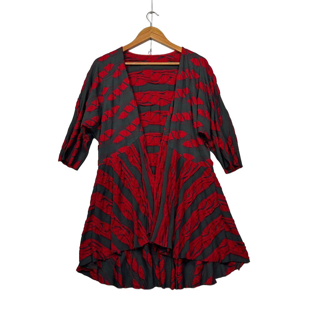 Open Front Red Grey Striped Longline Top - Size 14-16