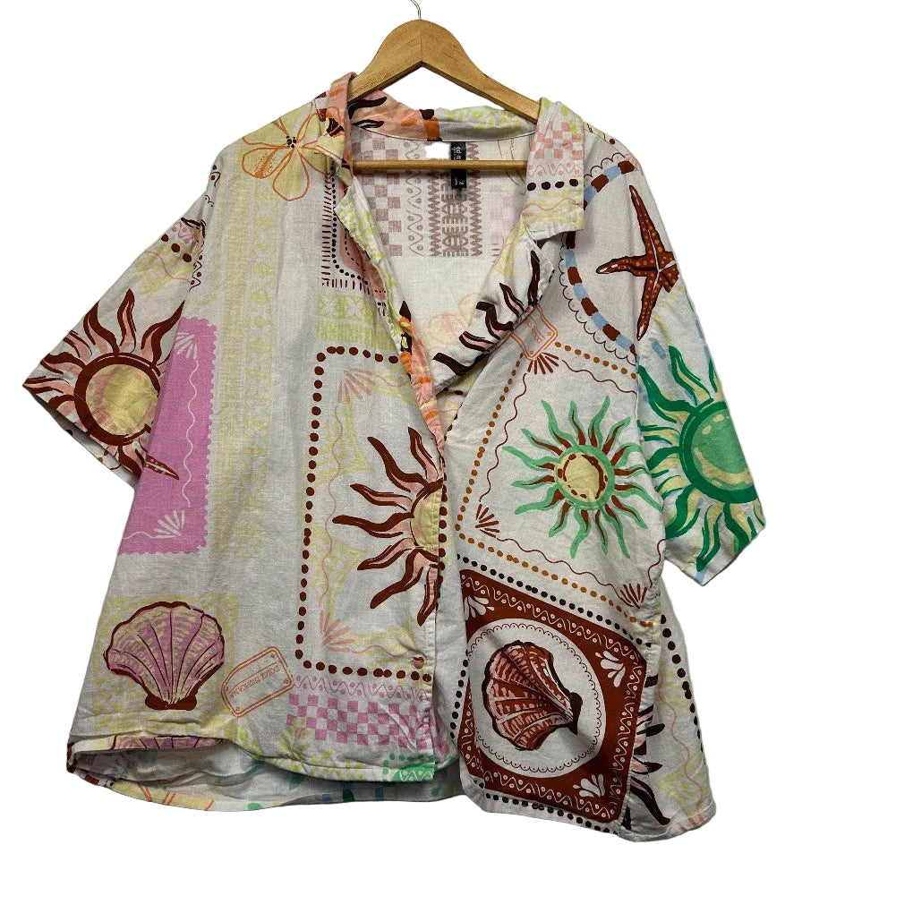 Cream and multicolour patchwork shirt front view