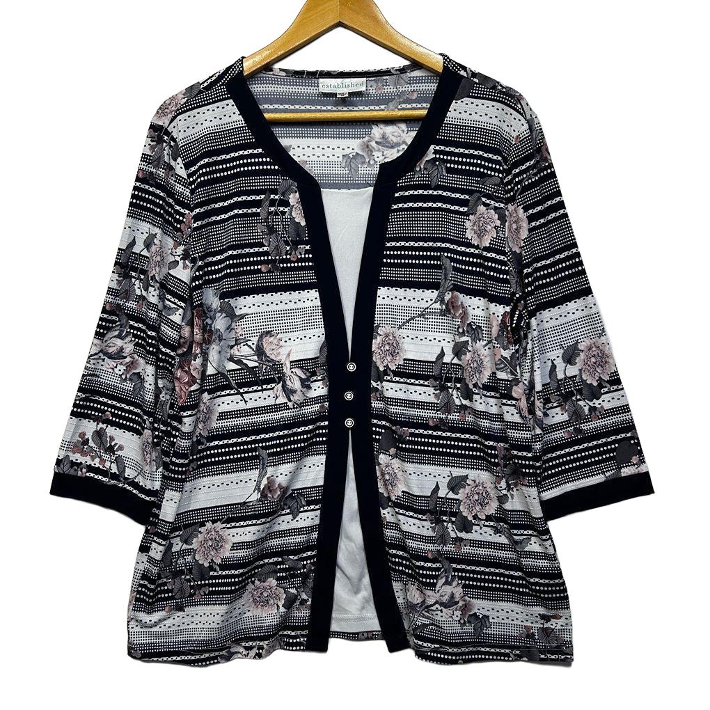Established Black White Floral Long Sleeve Top - Size 18