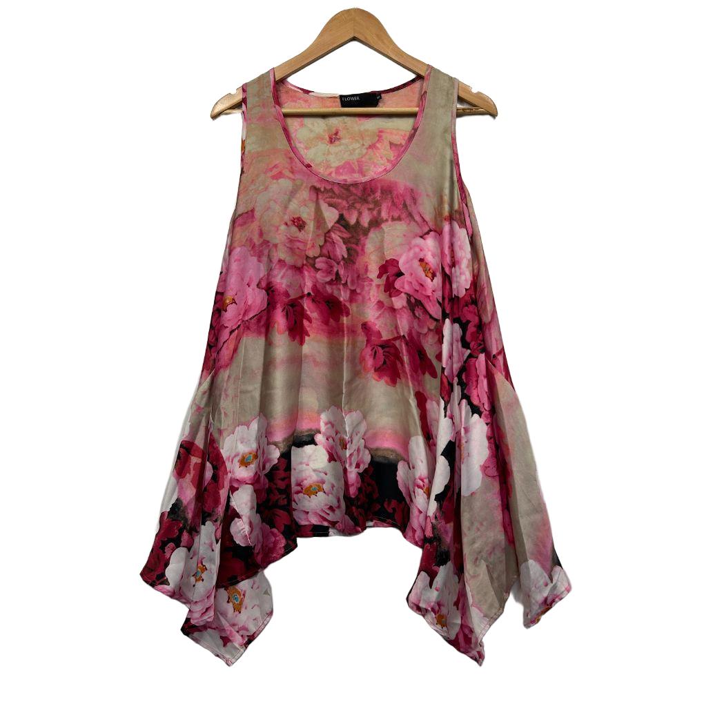 Flower Pink Floral Asymmetric Hem Top - Size 12