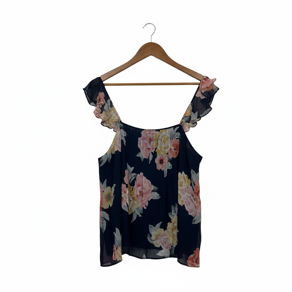 Forever New Navy Floral Cold Shoulder Ruffle Sleeve Top - Size 14