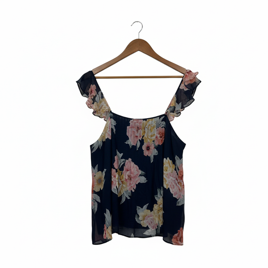 Forever New Navy Floral Cold Shoulder Ruffle Sleeve Top - Size 14