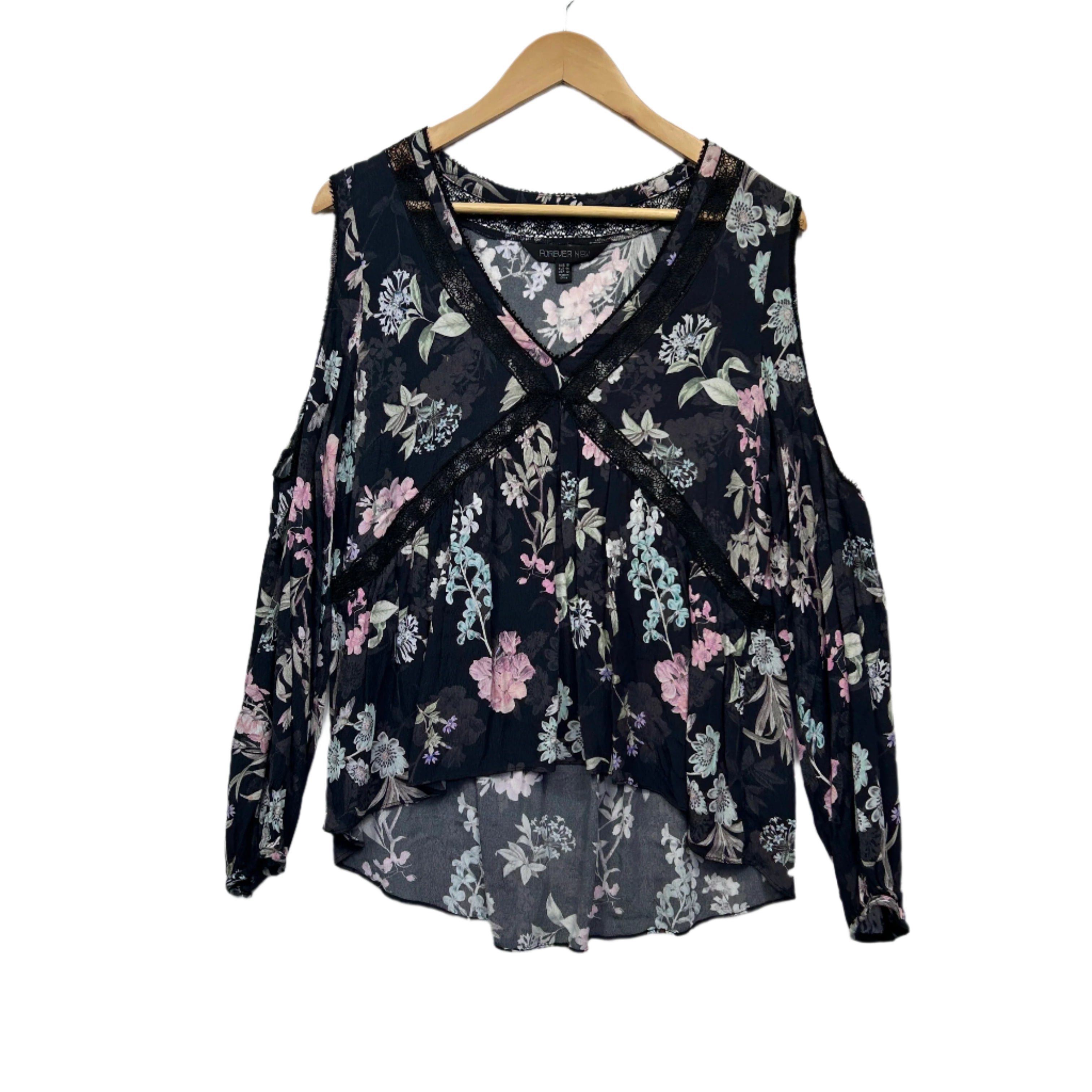 Forever New Top Size 16 Black Floral Cold Shoulder Sleeve