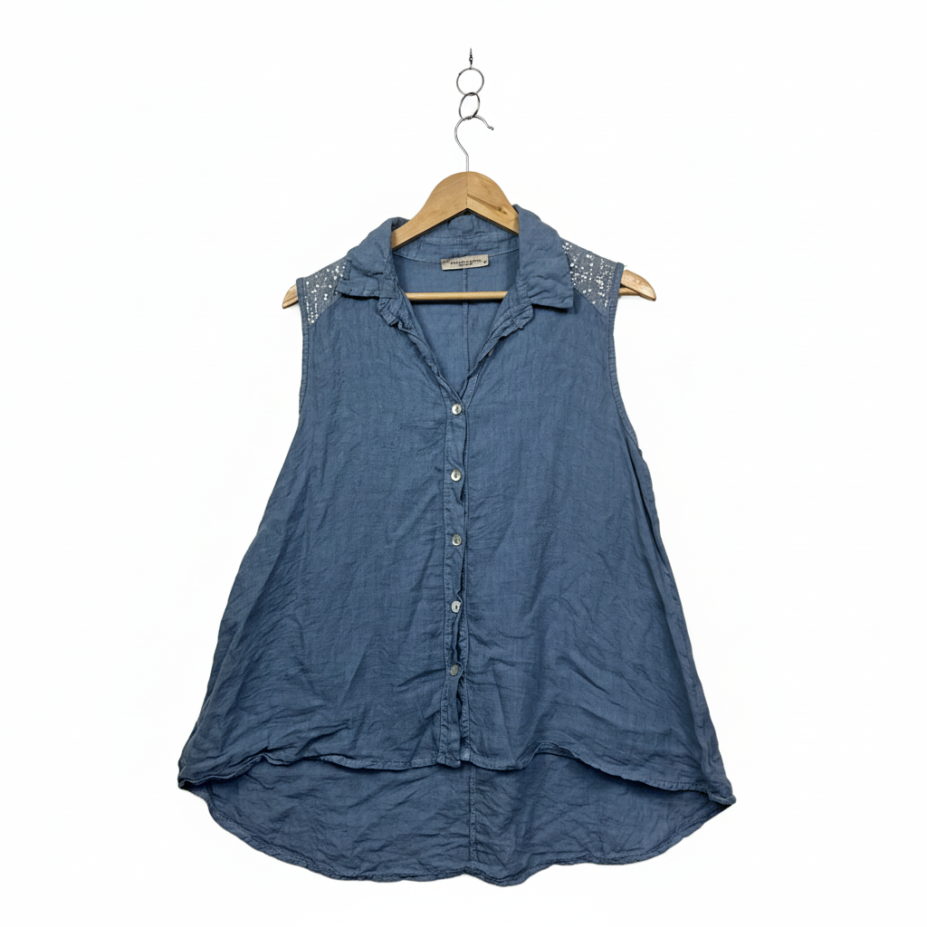 Francesca Bettini Blue Linen Sleeveless Top with Sequins - Size M