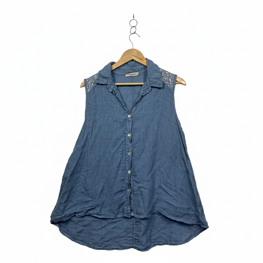Francesca Bettini Blue Linen Sleeveless Top with Sequins - Size M