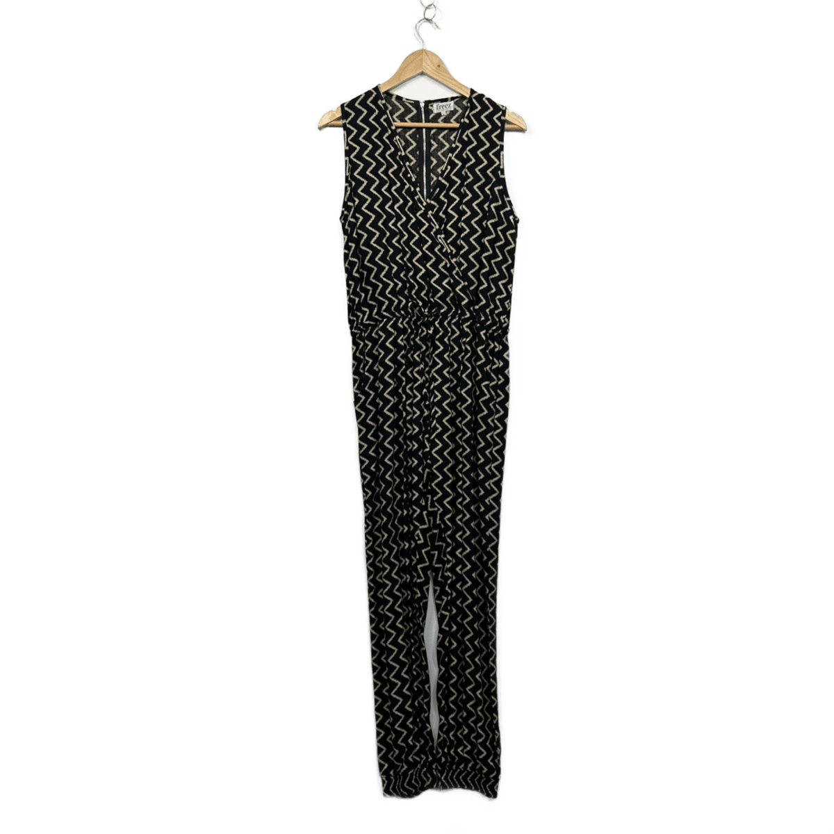Freez Black Beige Zigzag Print Sleeveless Jumpsuit - Size L