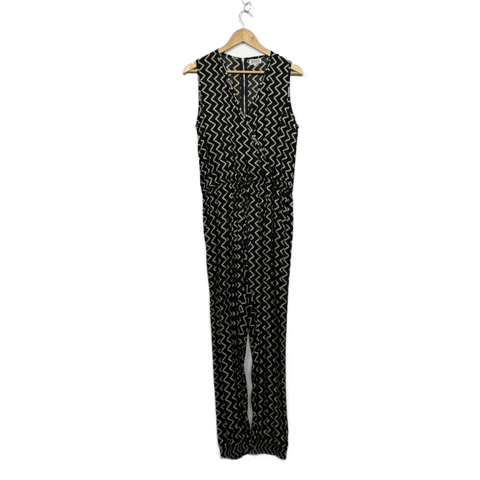 Freez Womens Black Beige Zigzag Print Pockets Sleeveless Jumpsuit Large