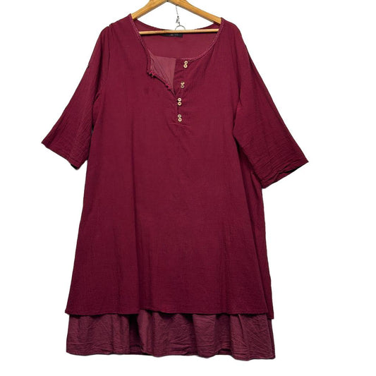 Gracila Burgundy Layered Cotton Dress - Size 5XL