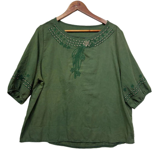 Green Cotton Embroidered Top - Size XXL
