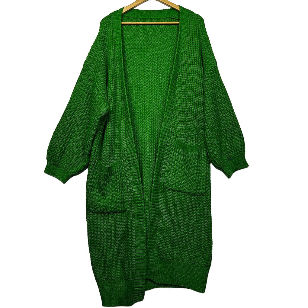 Green Longline Knit Cardigan with Pockets- Size 1XL