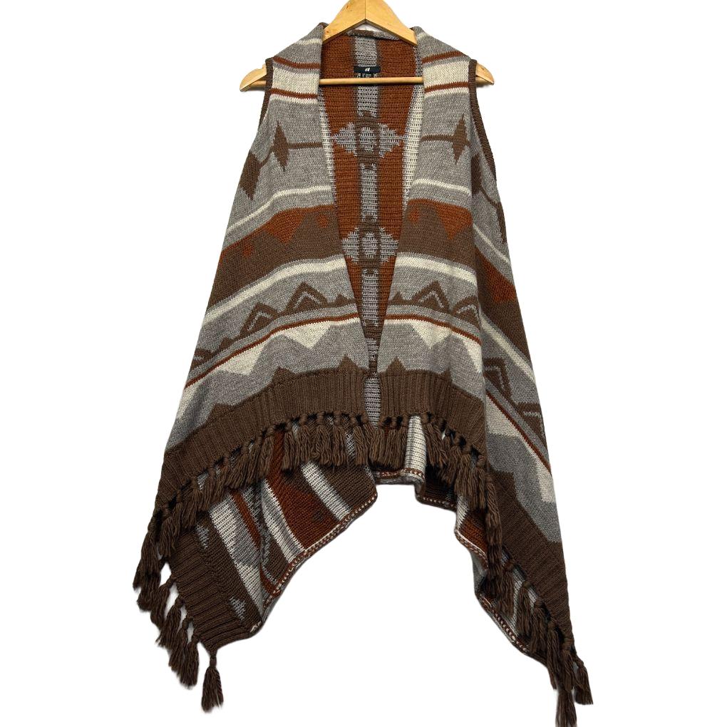 H&M Brown Fringed Aztec Sleeveless Poncho - One Size