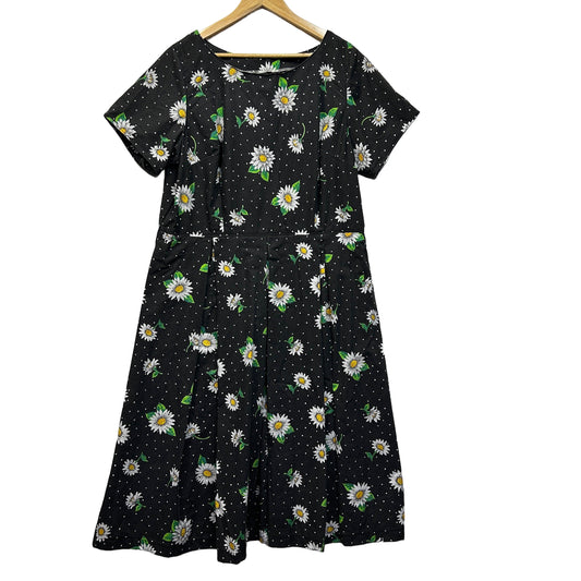 Handmade Black Floral Diasy Fit and Flare Dress - 14/16