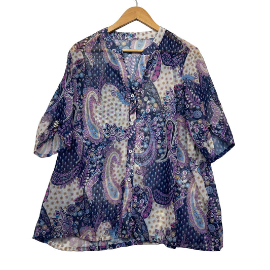 Purple paisley patterned button-up shirt dress front view