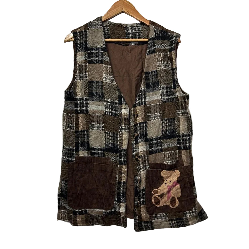 Handmade Patchwork Corduroy Brown Teddy Bear Vest - Size 14/16