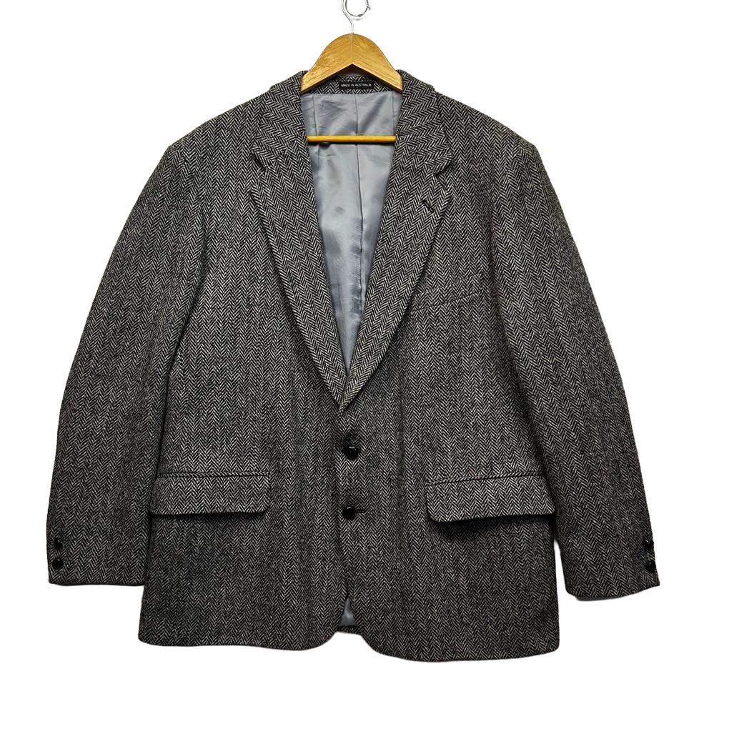 Vintage Harris Tweed Blazer Grey Herringbone Wool Sport Coat Jacket Mens 48/2XL