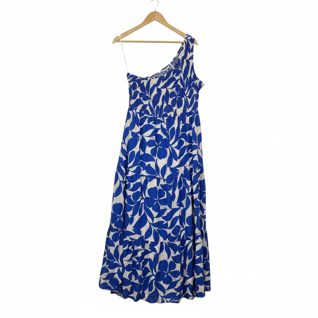 Henry Oscar Blue and White One Shoulder Maxi Dress - Size 18