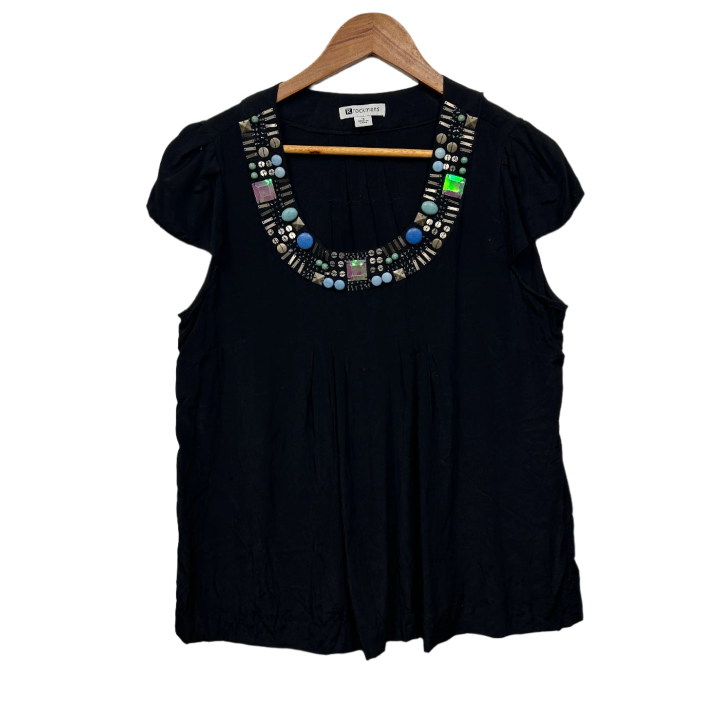 Rockmans Top Size 14 Black Beaded Short Sleeve