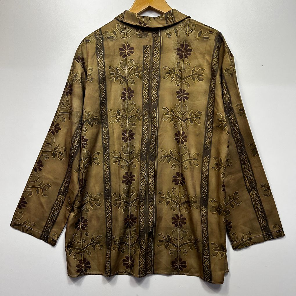 Khaki Button Up Long Sleeve Floral Top - Size 3XL