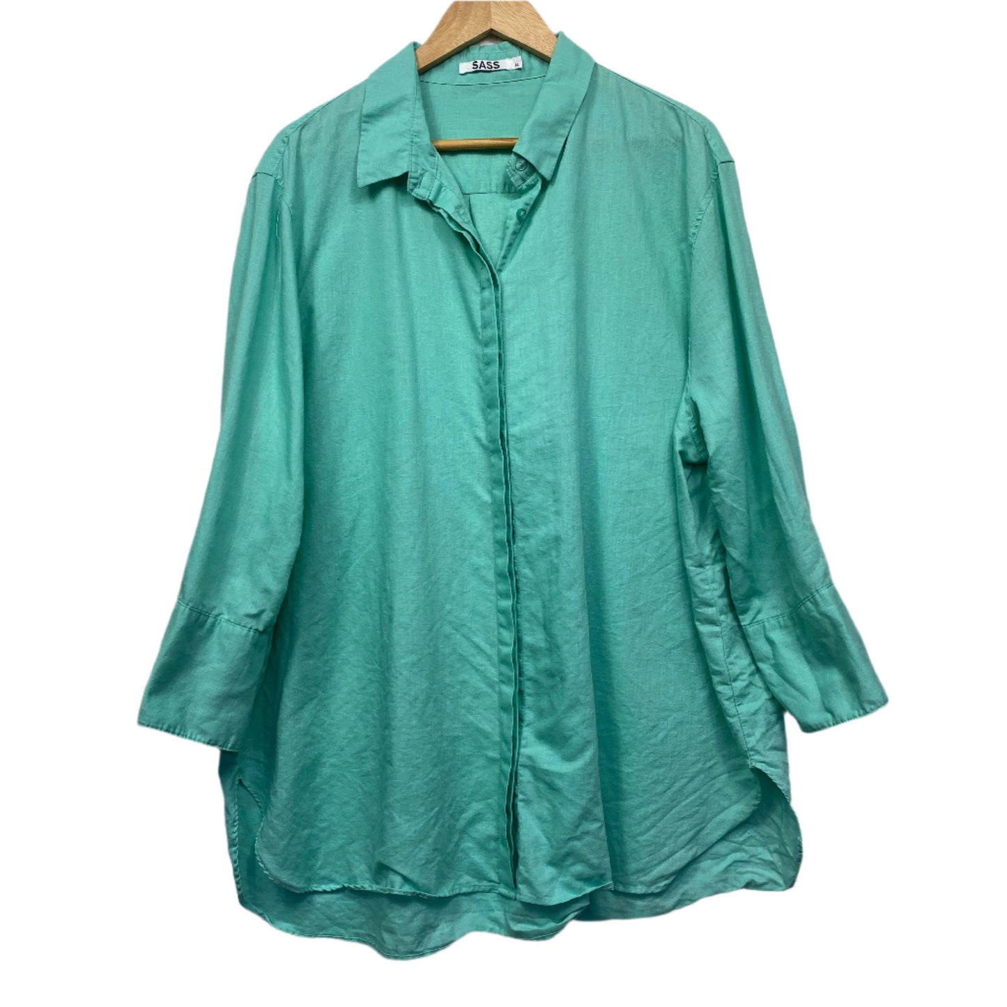 Sass Linen Top Size 14 Large Green Long Sleeve Button Up