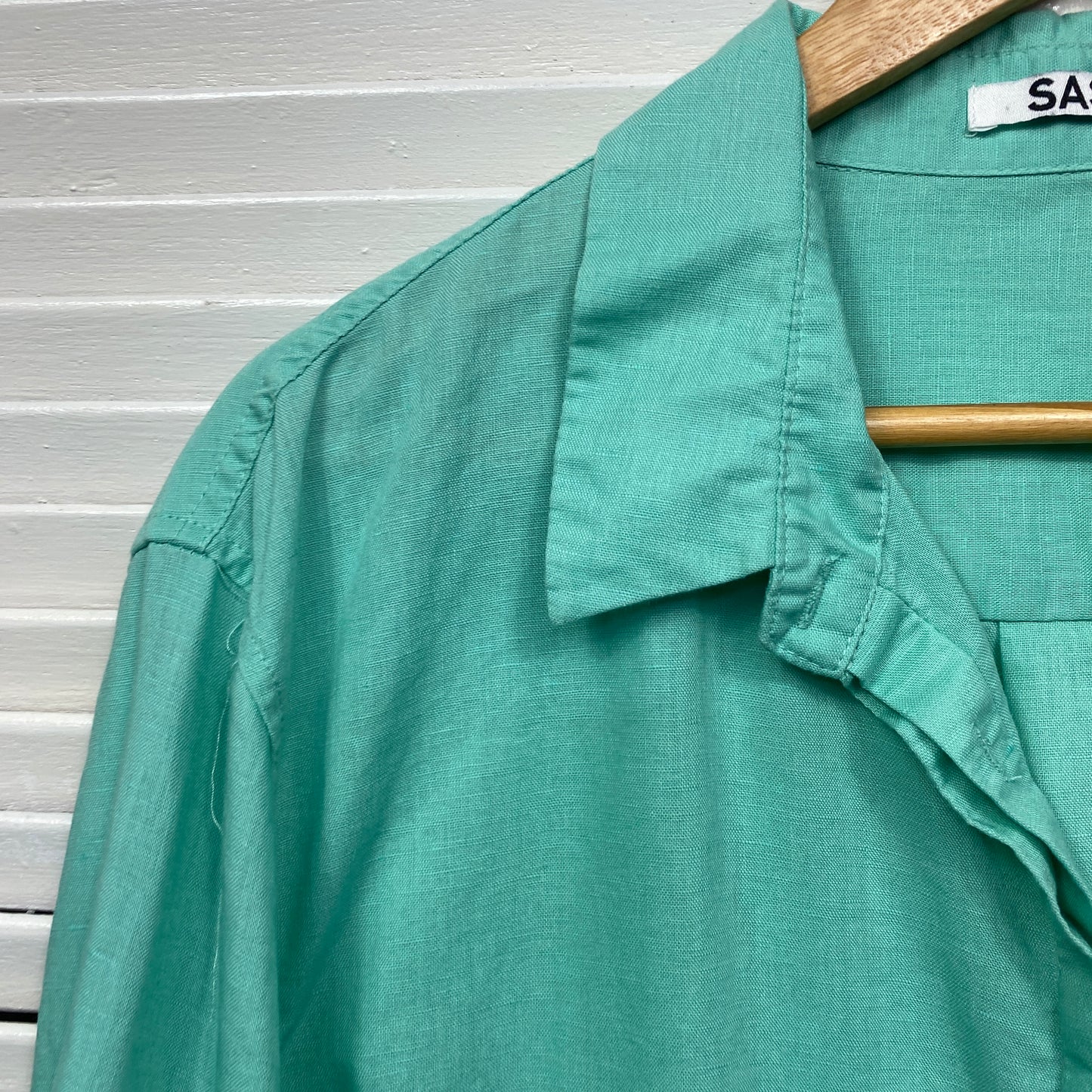 Sass Linen Top Size 14 Large Green Long Sleeve Button Up