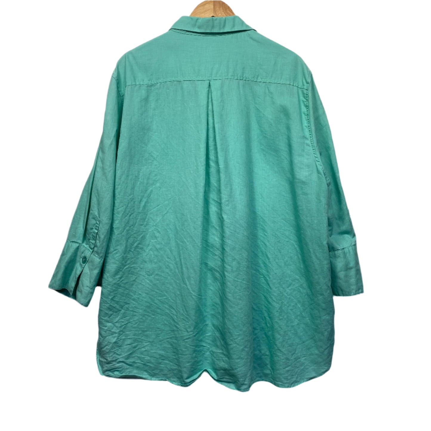 Sass Linen Top Size 14 Large Green Long Sleeve Button Up