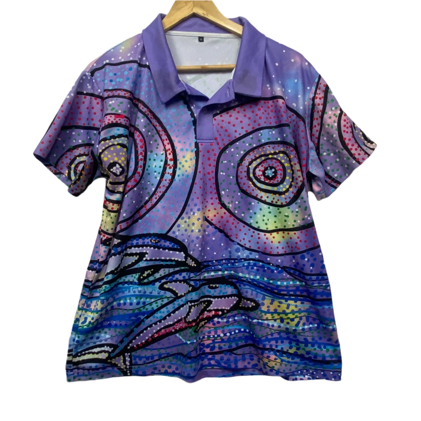 Indigenous Print Polo Top Size 14 16 18 Purple Short Sleeve