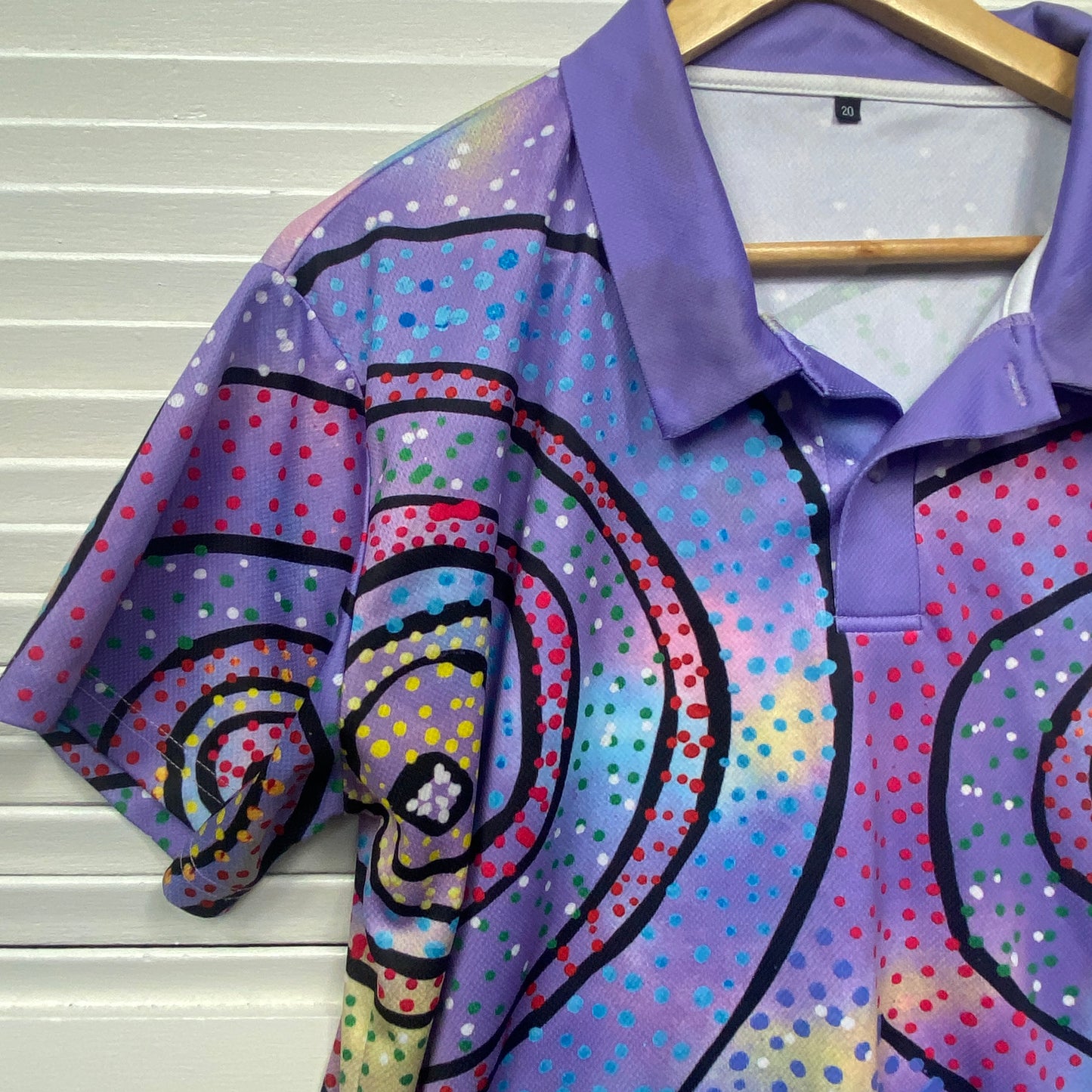 Indigenous Print Polo Top Size 14 16 18 Purple Short Sleeve