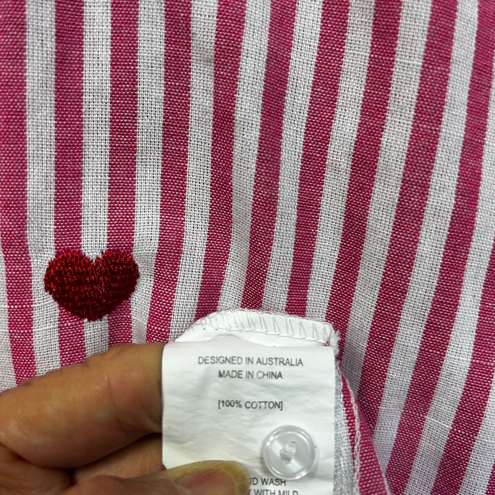 Label of Love Pink Striped Embroidered Hearts Cotton Shirt - Size L