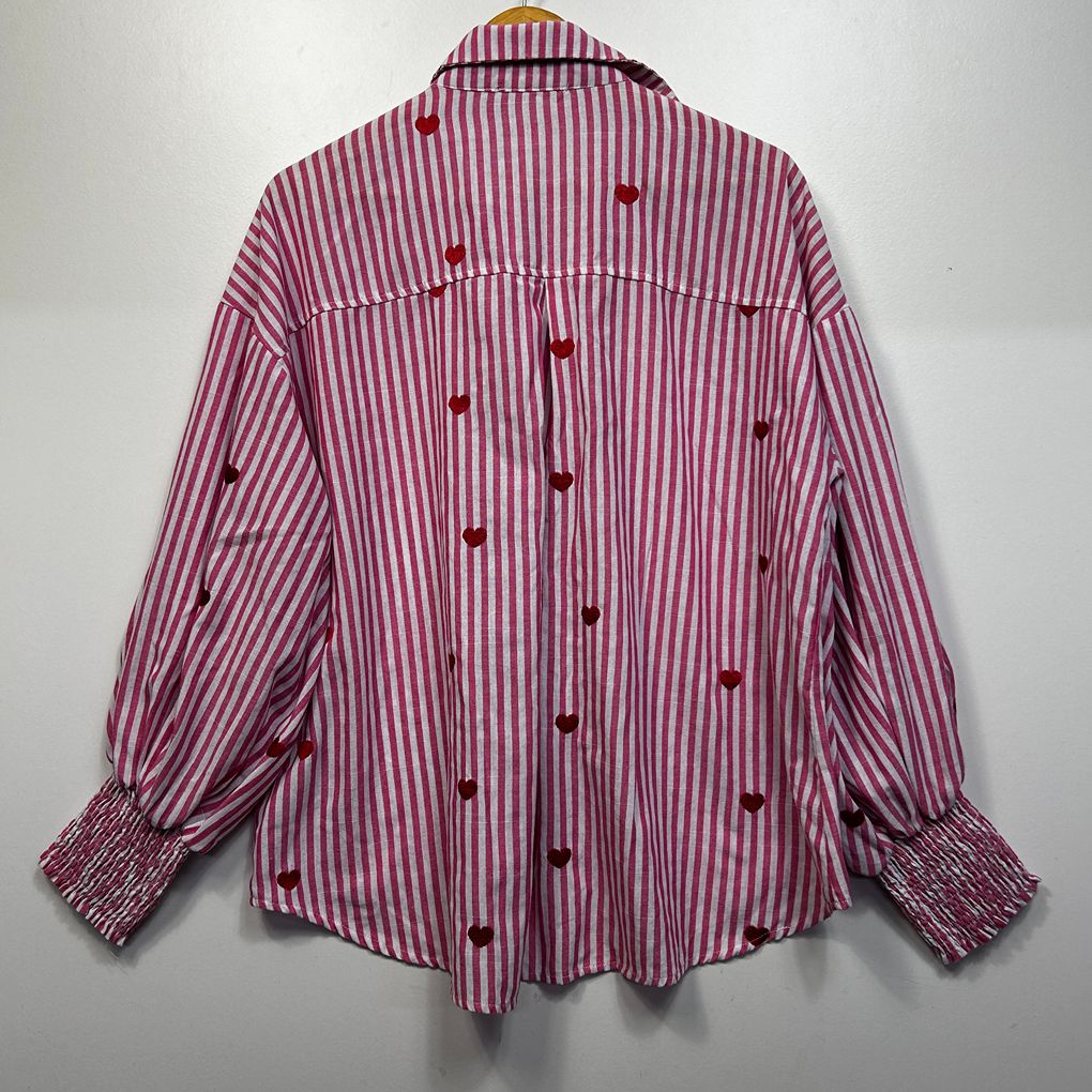 Label of Love Pink Striped Embroidered Hearts Cotton Shirt - Size L
