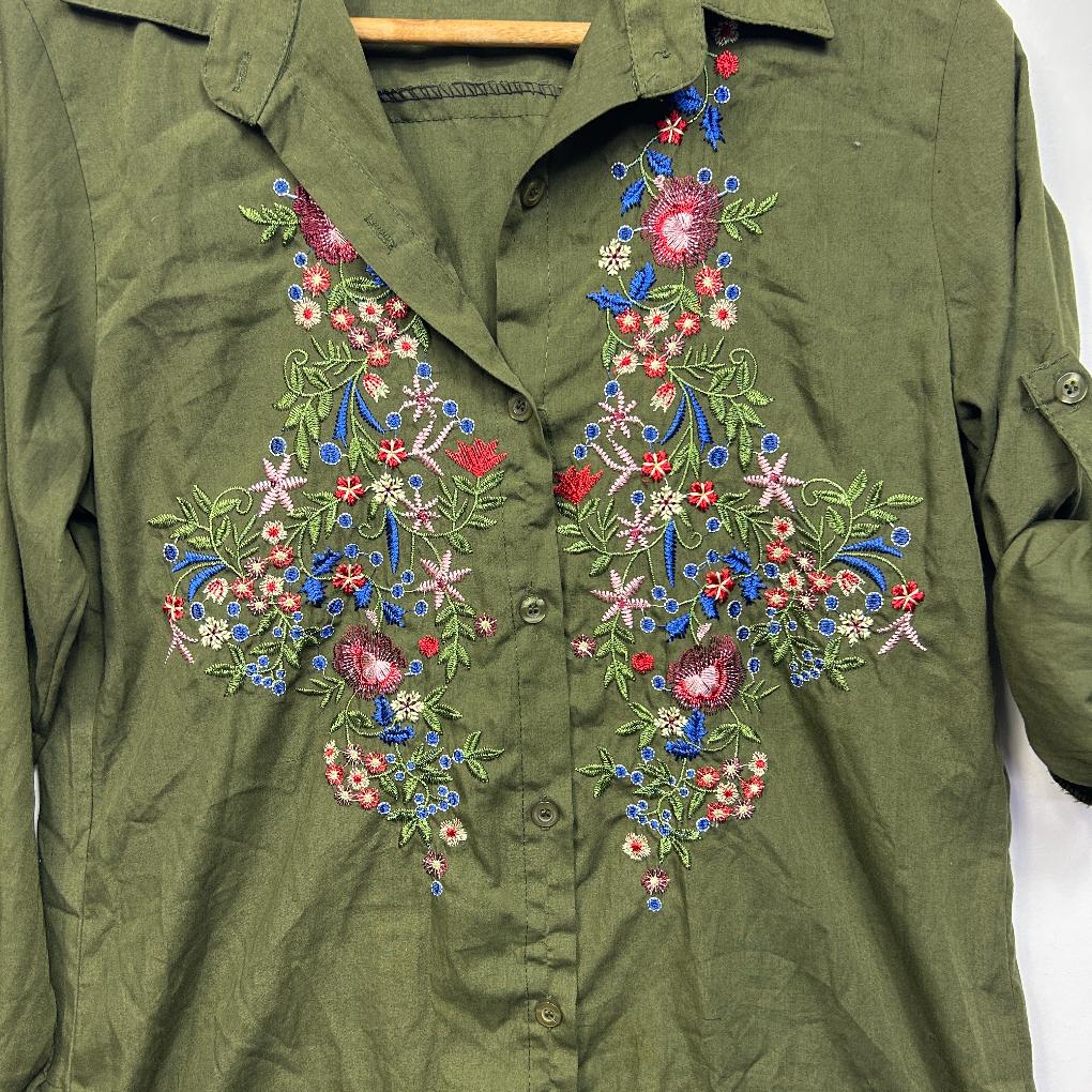 Khaki Cotton Embroidered Shirt - Size L