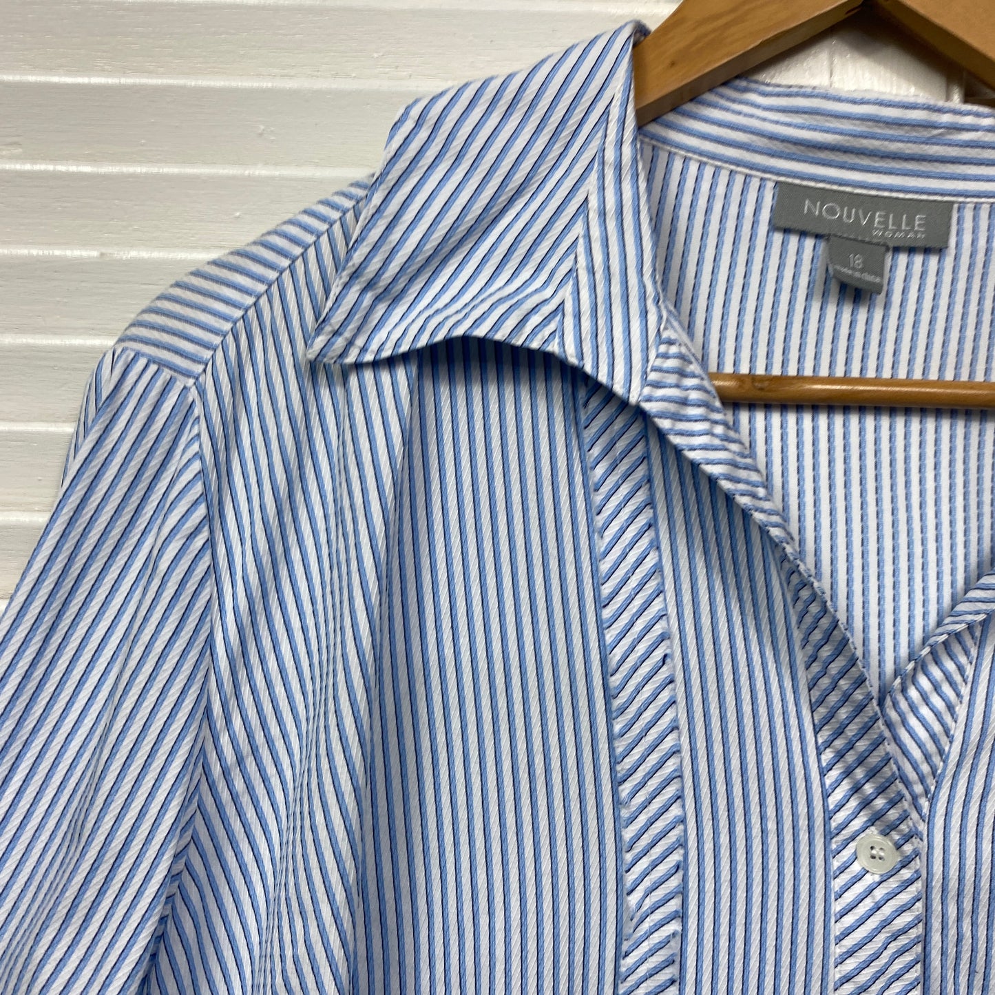 Nouvelle Top Size 18 Long Sleeve Blue White Striped Button Up