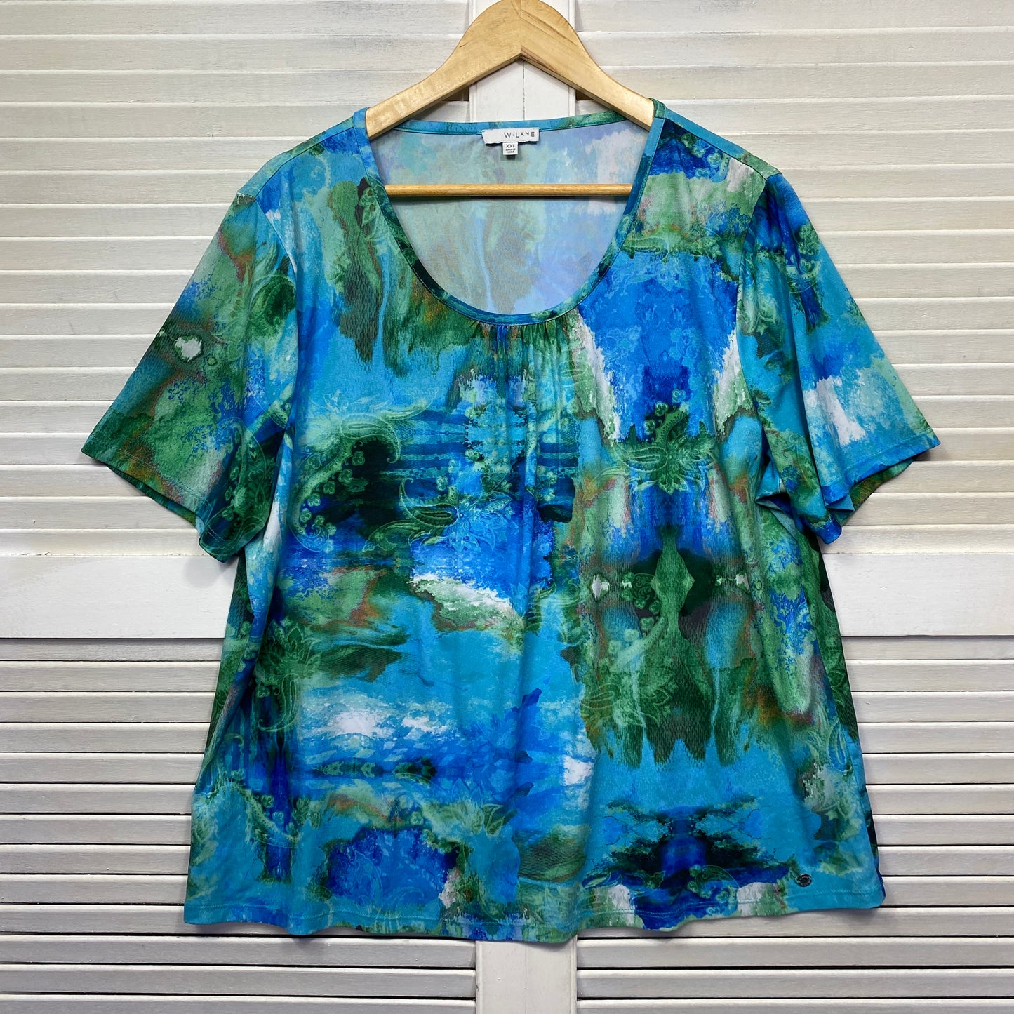 W Lane Top Size 2XL 16 18 Blue Green Short Sleeve