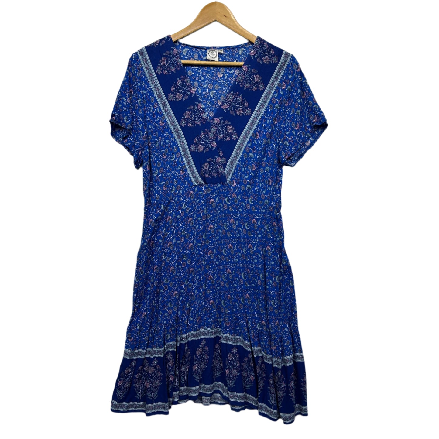 Silver Wishes Dress Size 14 Boho Floral Blue Short Sleeve Rayon