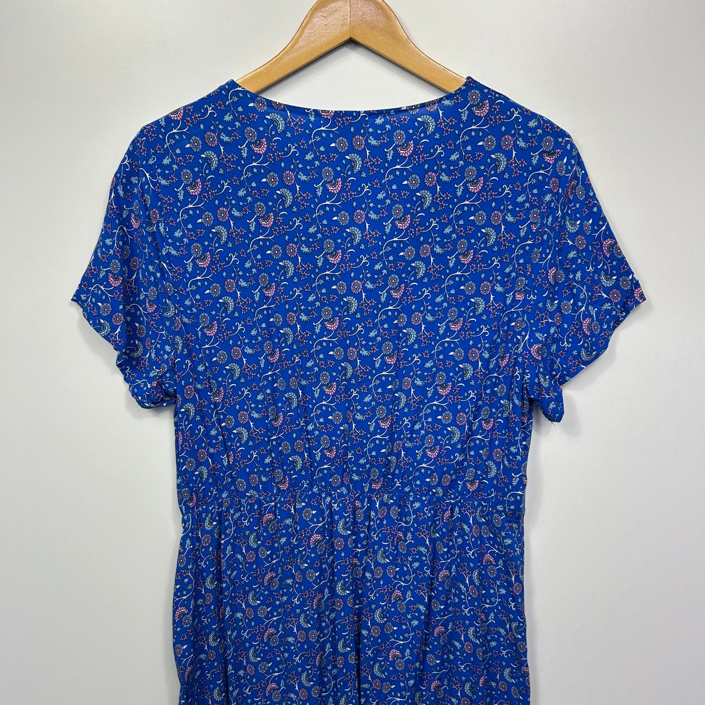 Silver Wishes Dress Size 14 Boho Floral Blue Short Sleeve Rayon