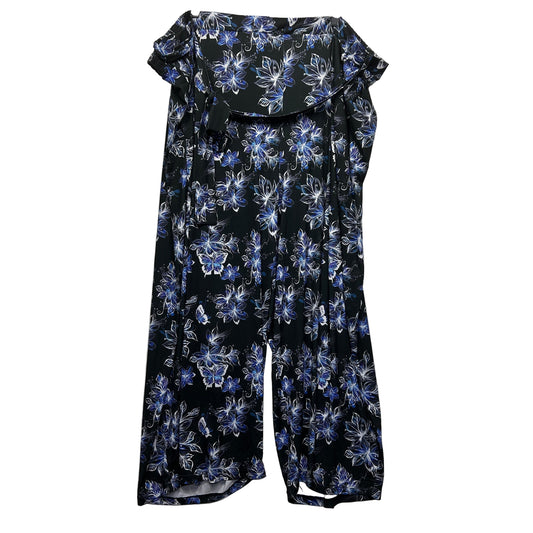 Curvaceous Black Blue Floral Wide Leg Pants Plus Size 3XL 26 28 Pull On Floral