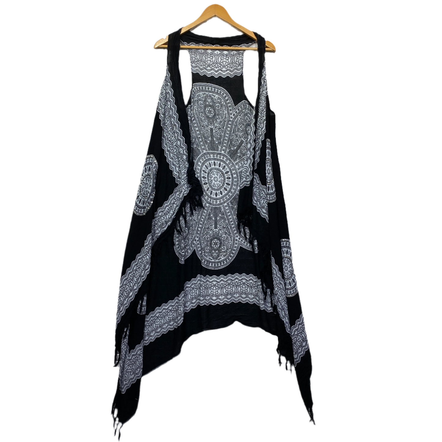 Boho Top Vest Layer One Size Black White Full Length Rayon