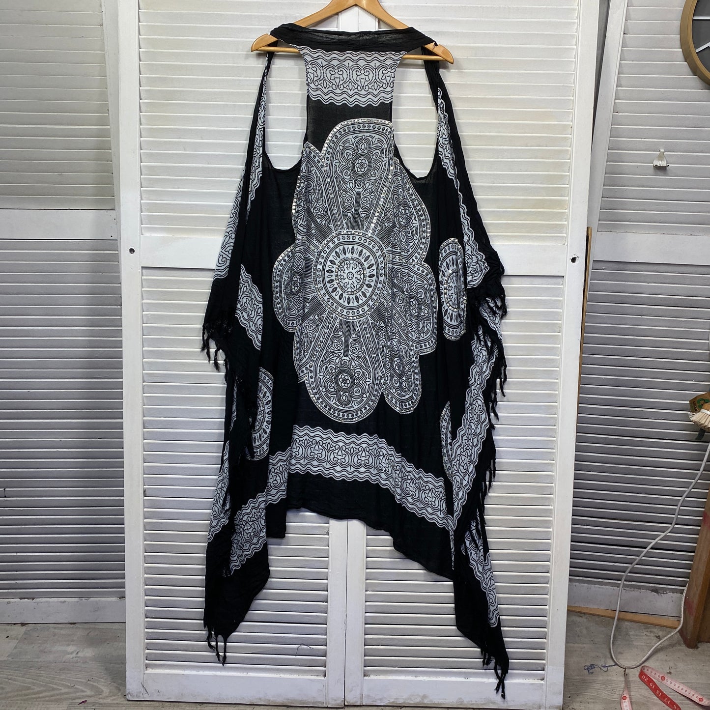 Boho Top Vest Layer One Size Black White Full Length Rayon