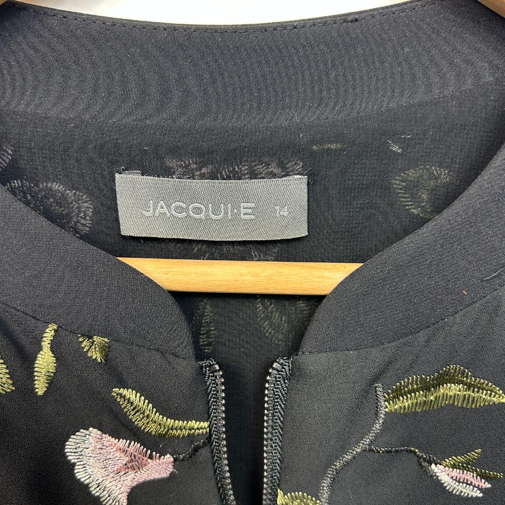 Jacqui E Black Embroidered Floral Jacket - Size 14