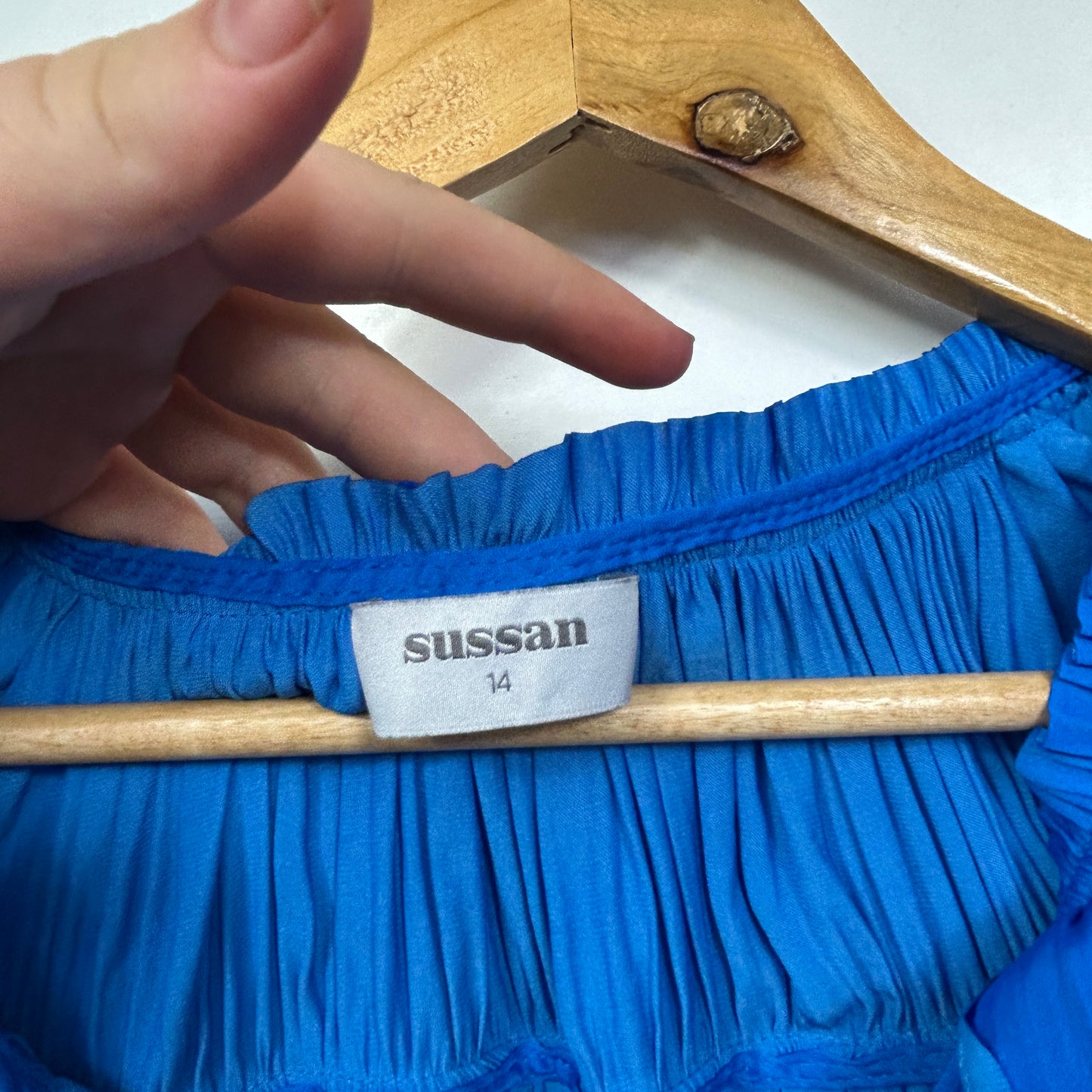 Sussan Royal Blue Ruffle Neck Pleated Top - Size 14