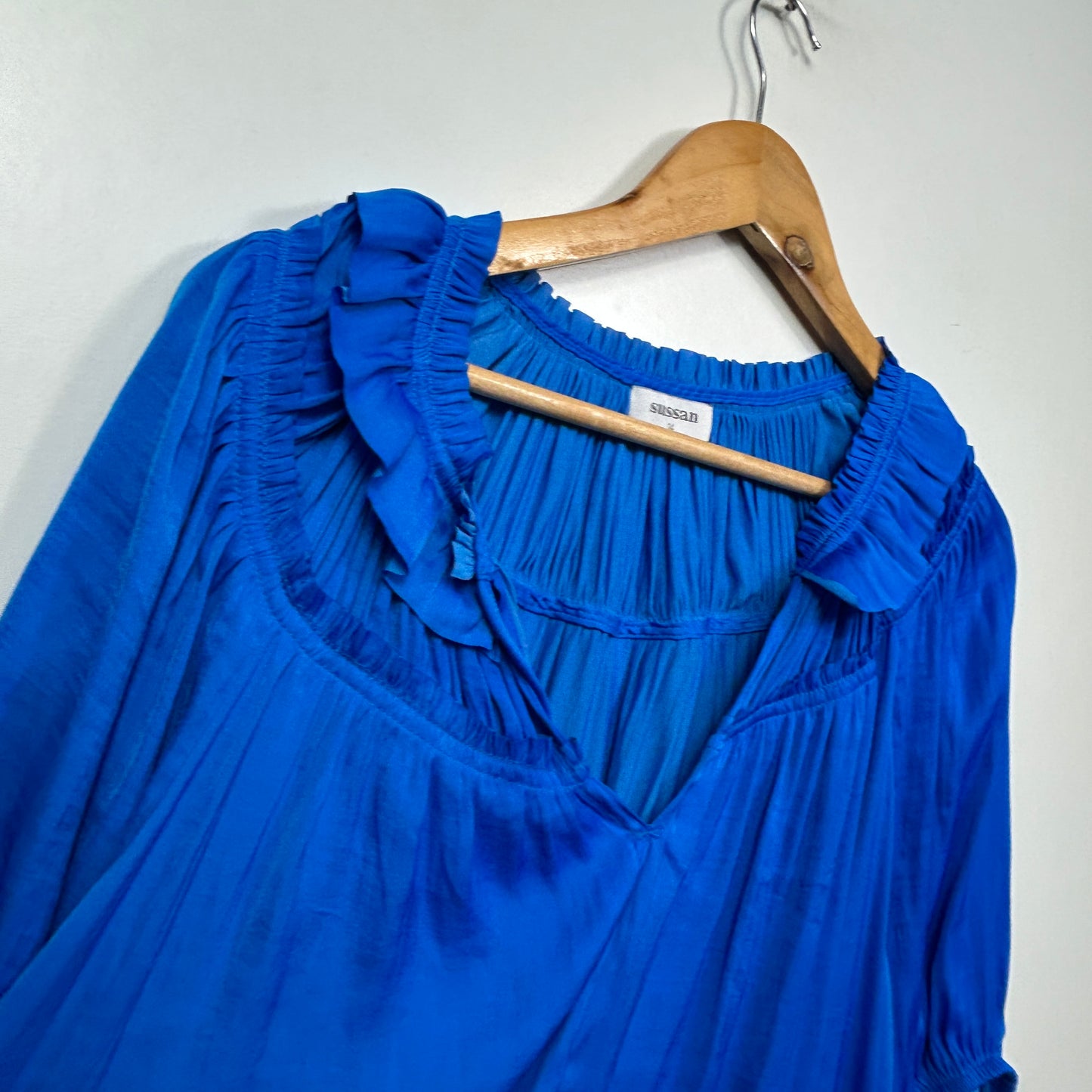 Sussan Royal Blue Ruffle Neck Pleated Top - Size 14