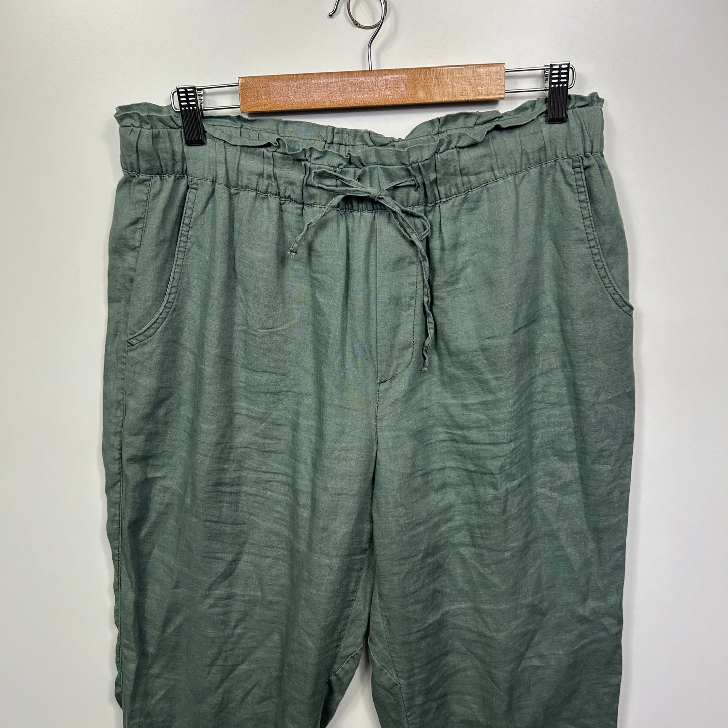 Just Jeans Linen Pants Size 14 Green Slim Fit Mid Rise Ankle Length Pockets