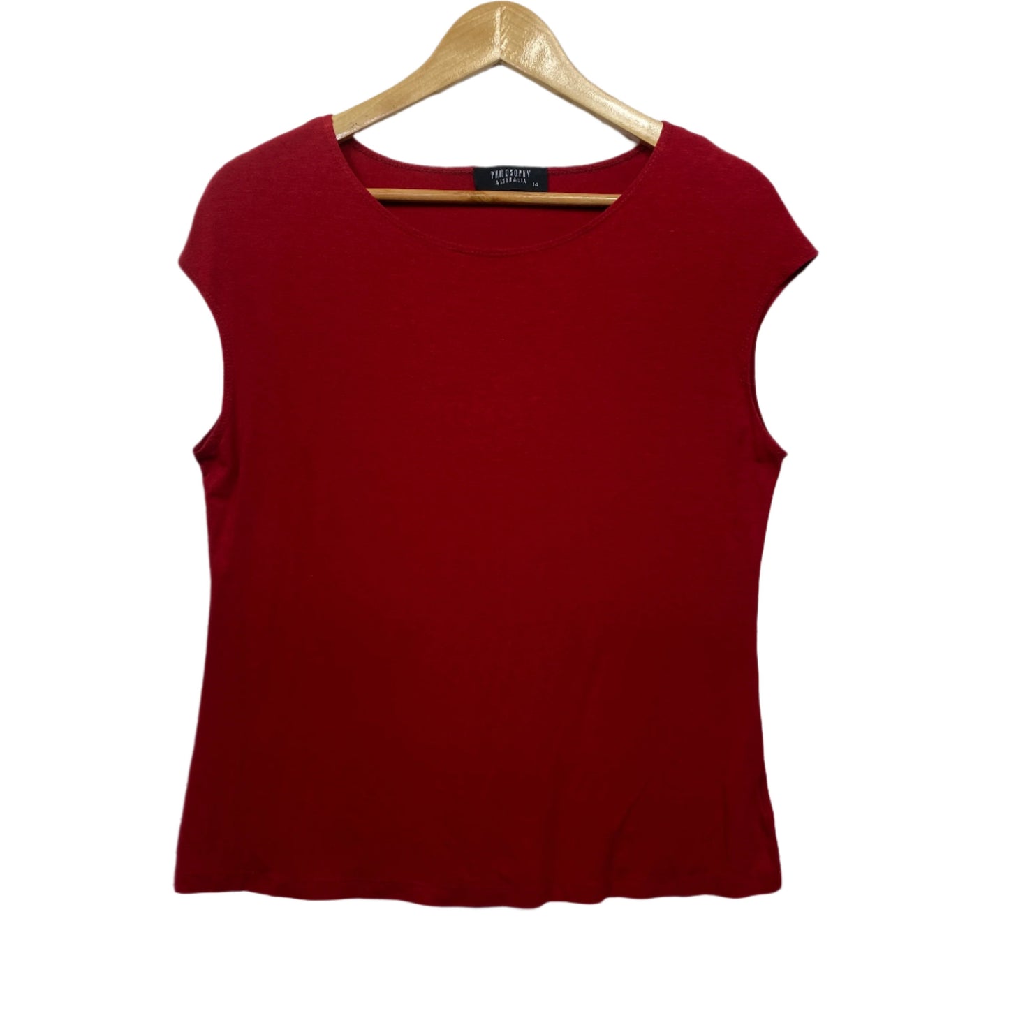 Philosophy Top Size 14 Short Sleeve Red Rayon