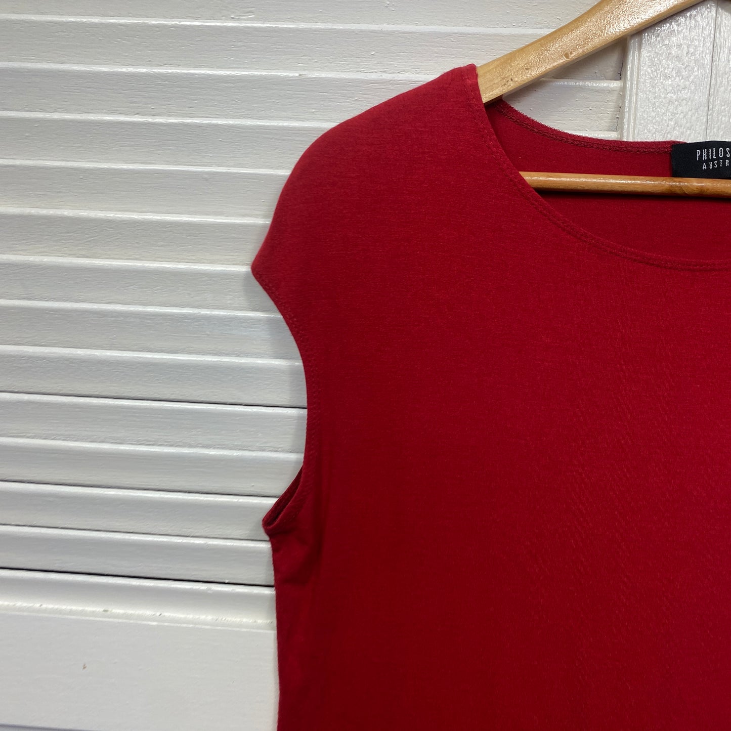 Philosophy Top Size 14 Short Sleeve Red Rayon