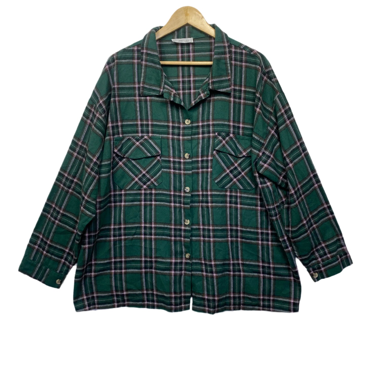 You + All Top Size 22 Long Sleeve Green Check Button Up