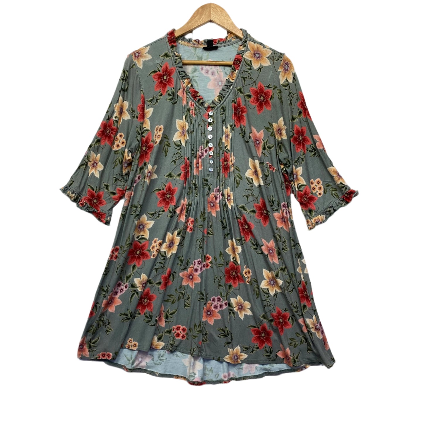 Evans Top Size 16 Pus Floral Pleated 3/4 Sleeve Longline