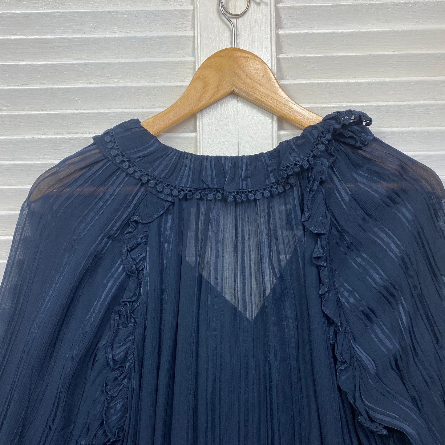 Sussan Top Size 16 Long Sleeve Navy Sheer Ruffles